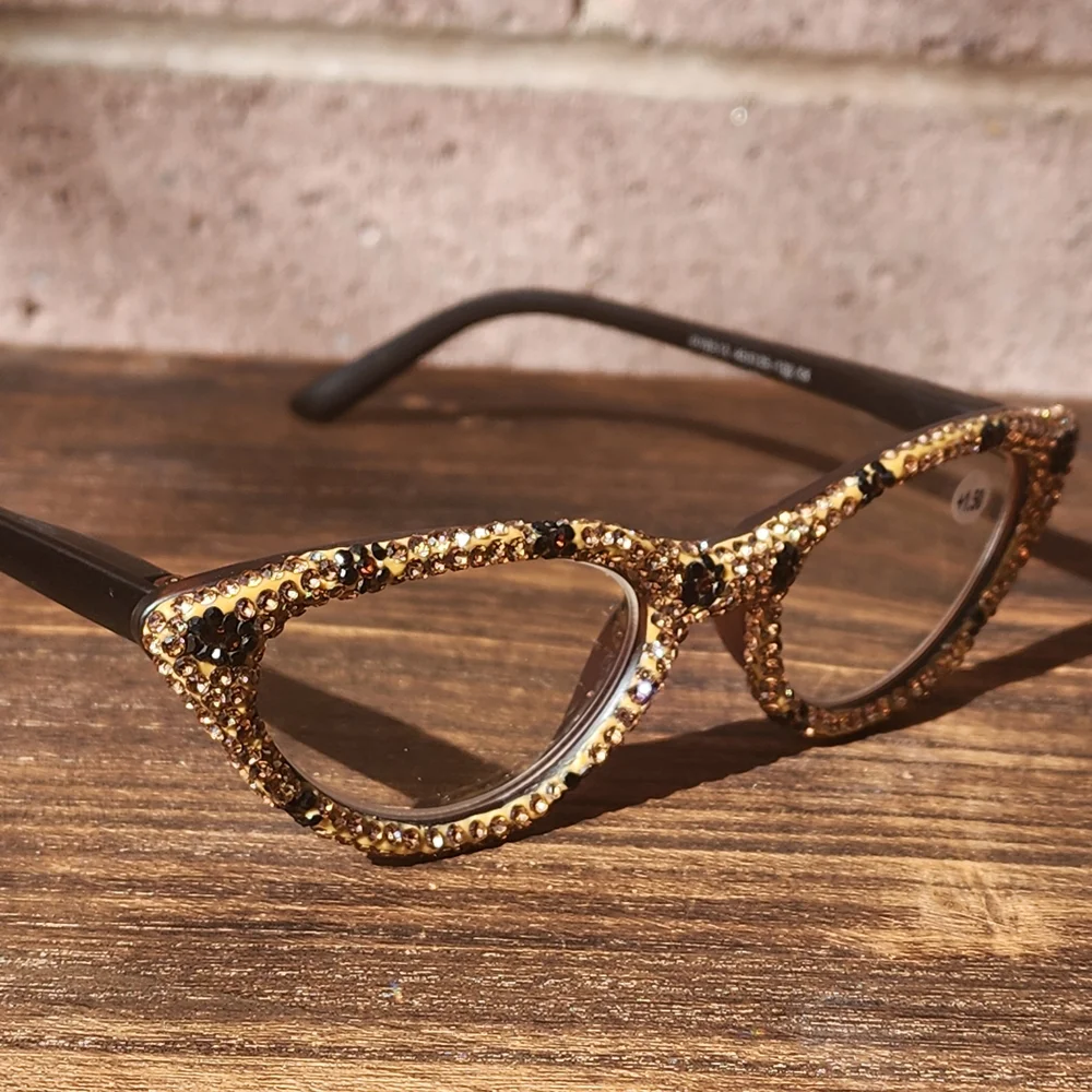 Women's Bling Cat Eye Readers Brown Rhinestones AB Reading Glasses Black +1.50